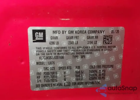 2020 Chevrolet Trax Fwd Ls z USA, uszkodzony, nr VIN KL7CJKSB2LB351406